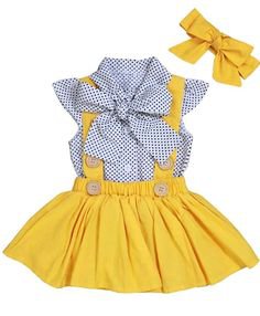 Girls Yellow Suspender Skirt Set, Yellow Suspender Dress Set, Spring Outfit, Polka Dot Blouse Set, Toddler Dress Set, Retro baby