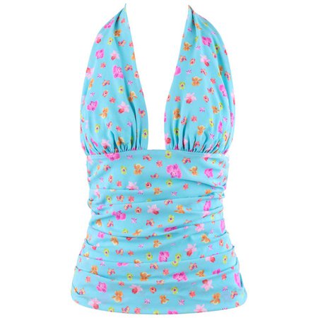 VERSACE S/S 2004 Turquoise Orchid Floral Print Plunge Neckline Ruched Halter Top For Sale at 1stdibs
