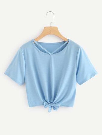 Cut Out Neck Knot Crop Tee | ROMWE