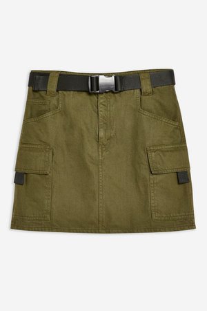 TALL Khaki Clip Belt Denim Skirt | Topshop