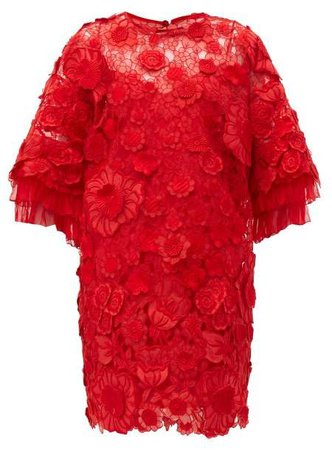Guipure Floral Applique & Mesh Mini Dress - Womens - Red