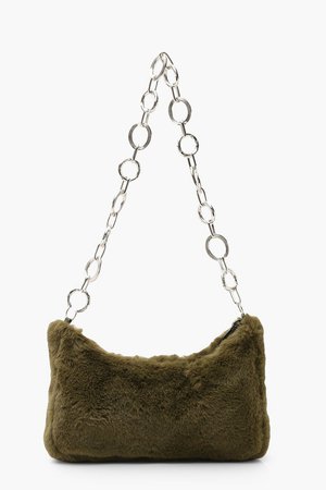 Faux Fur Under Arm Chain Link Bag Olive green| Boohoo