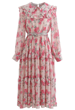 BELTED ROSE PRINT CHIFFON DRESS IN PINK