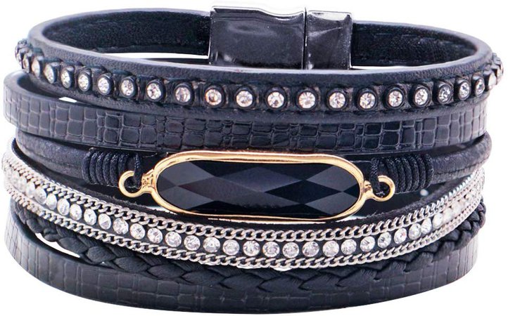 Multi-Layer Leather Bracelet-Leather Wrap Bracelet Boho Cuff Bangle Crystal Bead Bracelet Rhinestone Handmade Magnetic Clasp Bracelet for Women Girls: Clothing