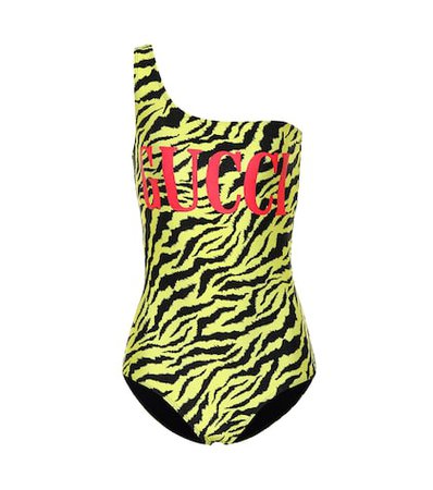 One-shoulder zebra-printed swimsuit