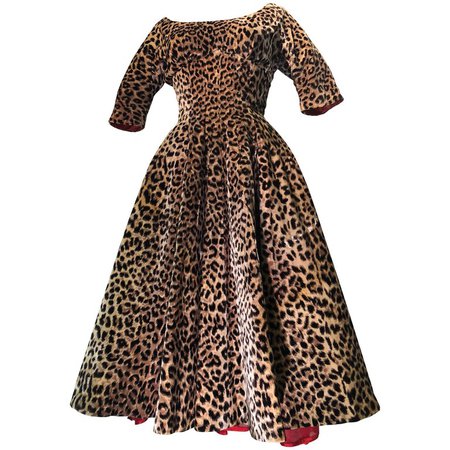1950s Suzy Perette Leopard Print Velvet Swing Cocktail Dress W/ Red Crinoline For Sale at 1stdibs