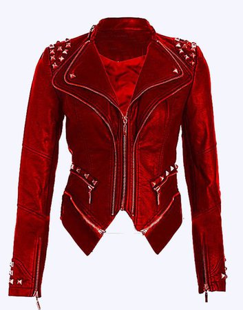 Women's Red Color Leather Silver Studded Jacket