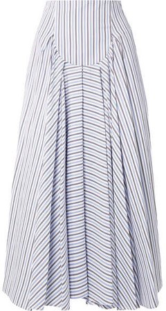 Pleated Striped Cotton-poplin Maxi Skirt - Blue