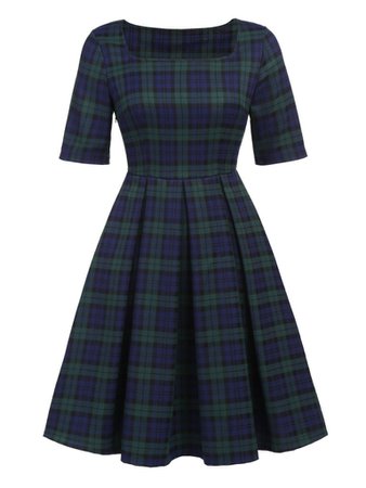 Dark Green 1950s Plaid Square Neck Dress – Retro Stage - Chic Vintage Dresses and Accessories