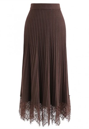 Lace Hem Pleated A-Line Knit Skirt in Brown - Skirt - BOTTOMS - Retro, Indie and Unique Fashion