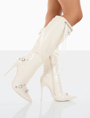 Cardi Ecru Croc Pointed Toe Zip Detail Knee High Boots
