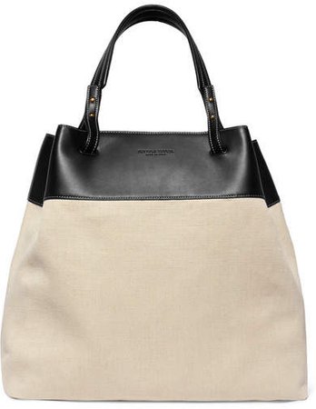 Large Leather-trimmed Linen Tote - Beige