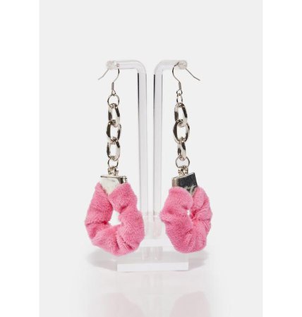 Fuzzy Handcuff Chain Drop Earrings - Pink | Dolls Kill