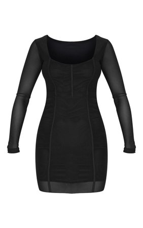 Black Sheer Mesh Square Neck Bodycon Dress | PrettyLittleThing USA