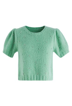 Rhinestone Embellished Fuzzy Knit Sweater in Green - Retro, Indie and Unique Fashion