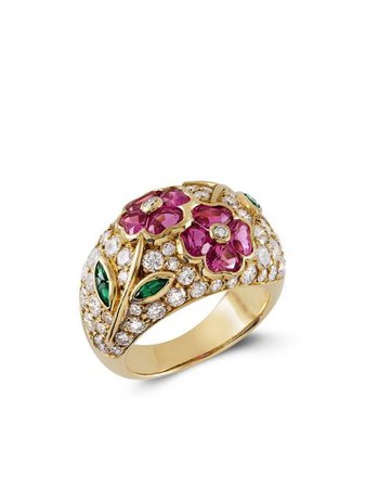Van Cleef & Arpels pre-owned 18kt Yellow Gold Contemporary Floral diamond, Emerald And Pink Sapphire Ring - Farfetch