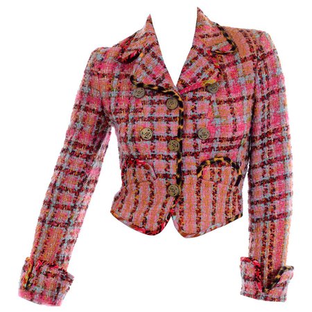 Vintage 1990s Christian Lacroix Pink Plaid Boucle Tweed Short Blazer Jacket For Sale at 1stDibs
