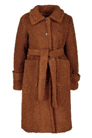 Longline Teddy Belted Coat | Boohoo camel
