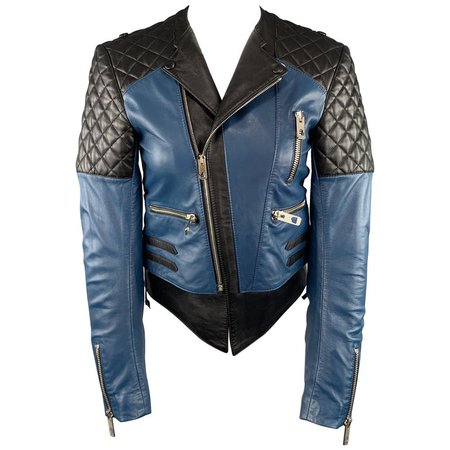 BALENCIAGA Size 4 Black and Teal Blue Quilted Leather Color Block Biker Jacket For Sale at 1stdibs