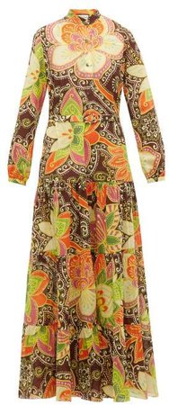 Floral Print Cotton Muslin Dress - Womens - Brown Multi