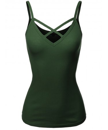Solid Ribbed Crisscross Front Spaghetti Strap Cotton Tank Top | 08 Green