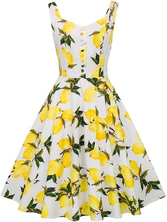 Belle Poque 1950s Retro Party Yellow Lemon Print Dress