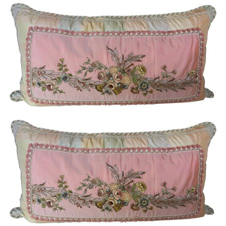 Pair of Antique Metallic and Chenille Embroidered Pillows For Sale at 1stdibs