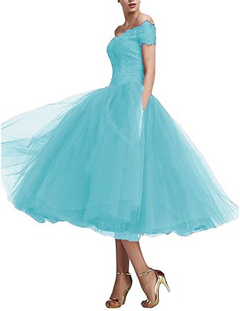 YSMei Womens Tea Length Cocktail Party Dress Lace Prom Gown Off Shoulder YEV168 at Amazon Women’s Clothing store: