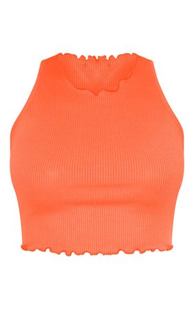 Neon Orange Rib Frill Detail High Neck Crop Top | PrettyLittleThing