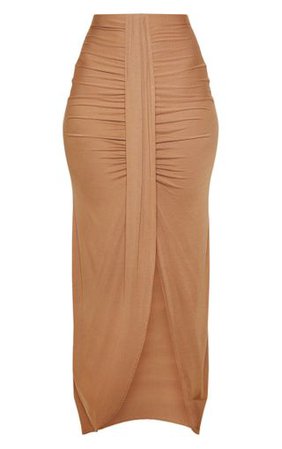 Camel Jersey Drape Front Maxi Skirt | Skirts | PrettyLittleThing