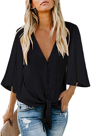 luvamia Women's V Neck Tops Ruffle 3/4 Sleeve Tie Knot Blouses Button Down Shirts, G Black Button Down Size XXL at Amazon Women’s Clothing store