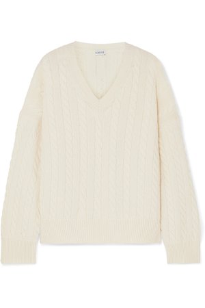 Loewe | Leather-trimmed cable-knit wool sweater | NET-A-PORTER.COM
