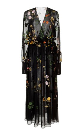 Floral Embroidered Lace Full Sleeve Midi Dress by Oscar de la Renta | Moda Operandi