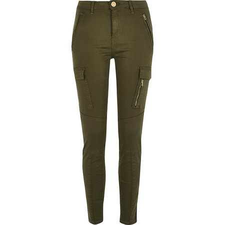 Khaki utility zip front skinny trousers | River Island