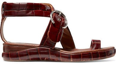 Wave Croc-effect Leather Platform Sandals - Dark brown
