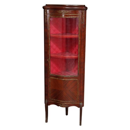 Vintage French Louis XV Mahogany and Ormolu Petite Corner Cabinet Vitrine For Sale at 1stdibs