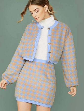 Blue & Peach Houndstooth Tweed Skirt Set