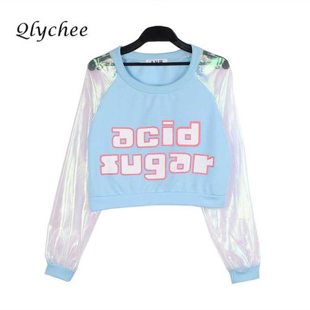 Qlychee Laser Transparent Harajuku Crop Top Patchwork Long Sleeve T shirt Women Long Sleeve Clothing Letter Print tshirt T shirt-in T-Shirts from Women's Clothing & Accessories on Aliexpress.com | Alibaba Group