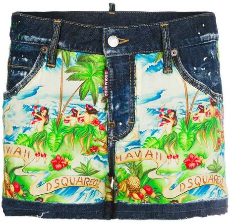 Hawaiian print denim shorts