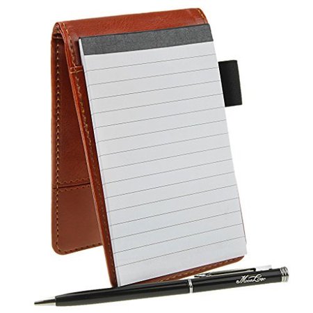 small pocket pu leather business notebook lined memo pad holder jotter book steno notepad 3.5-inch x 5.5-inch note pad, refillable, 8 digital calculator, pen holder loop, metal ball point pen