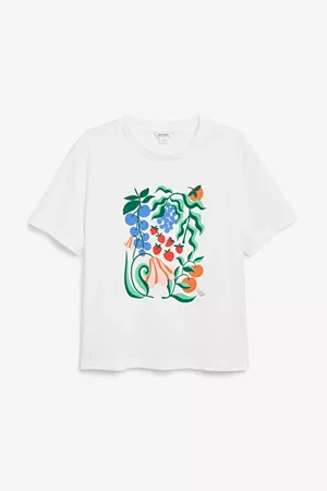 Blue cotton tee - White with berries and fruits - Monki WW