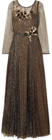 Appliquéd Glittered Tulle Gown - Black