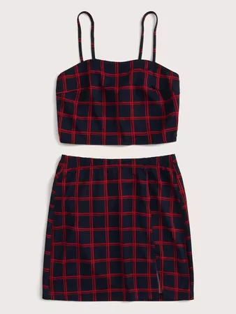 Plaid Print Crop Cami Top & Split Hem Skirt Set | SHEIN USA