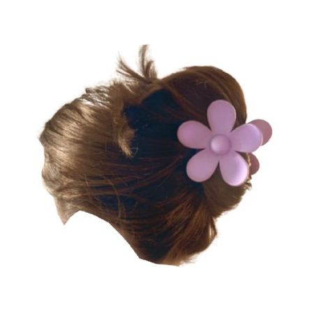 brown hair bun updo pink purple flower claw clip