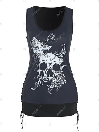 Skull Graphic Side Lace Up Longline Tank Top