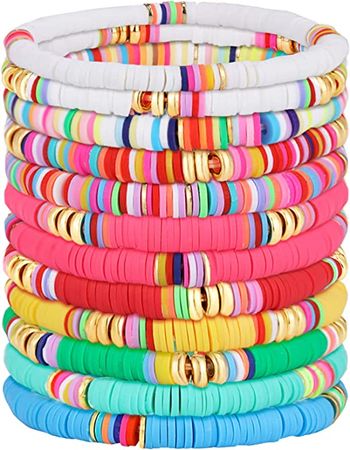 Amazon.com: Junkin 12 Pieces Preppy Bracelets Surfer Heishi Bracelets Stackable Colorful Beaded Stretch Bracelets Elastic Bohemia Bracelets Gift for Women Girls Summer Beach Jewelry (Classic Style) : Clothing, Shoes & Jewelry