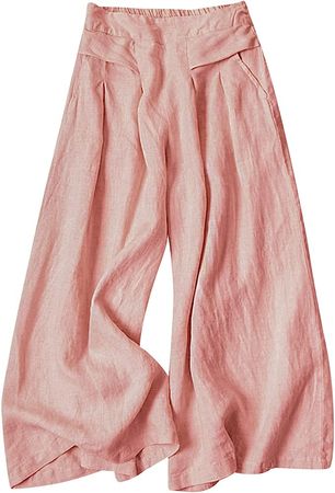 Gihuo Women' s Culottes Linen Blend Wide Leg Pants Elastic Waist Casual Palazzo Trousers with Pockets Capris(Pink-S) at Amazon Women’s Clothing store