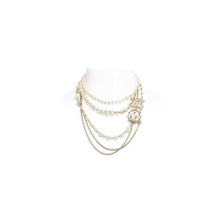 Metal, Glass Pearls, Imitation Pearls, Glass & Strass Gold, Pearly White & Crystal Necklace | CHANEL