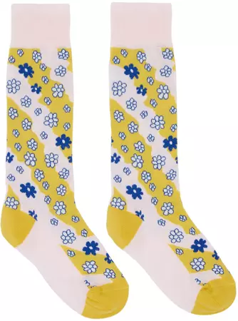 Pink & Yellow Stripy Flowers Socks by Marni on Sale