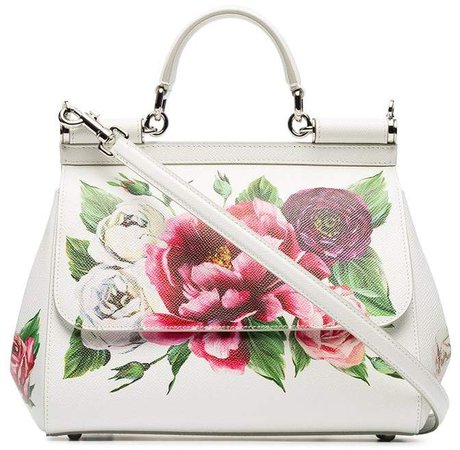 white, red and green sicily rose print leather handbag